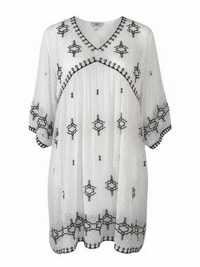 MAX White Embroidered V-Neck Boho Tunic Dress Size Large